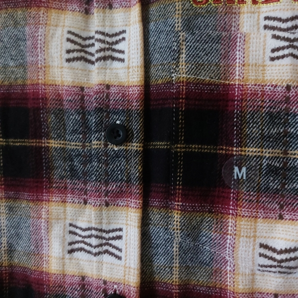 PacSun Womens Medium Burgundy Yellow "Care Free" Patch Plaid Flannel Button Up - Picture 4 of 11